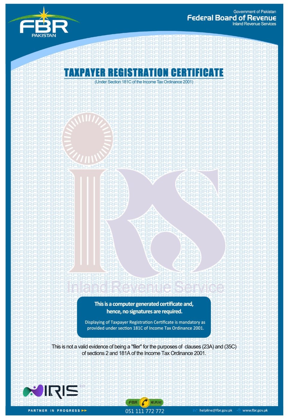FBR Certificate